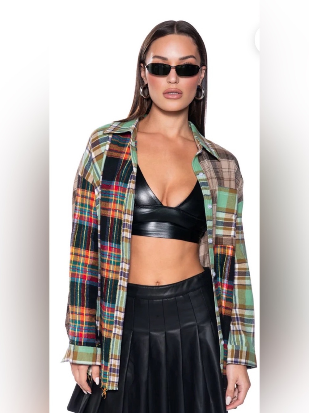 AKIRA Piece It Together Patchwork Plaid Distressed Shirt Large